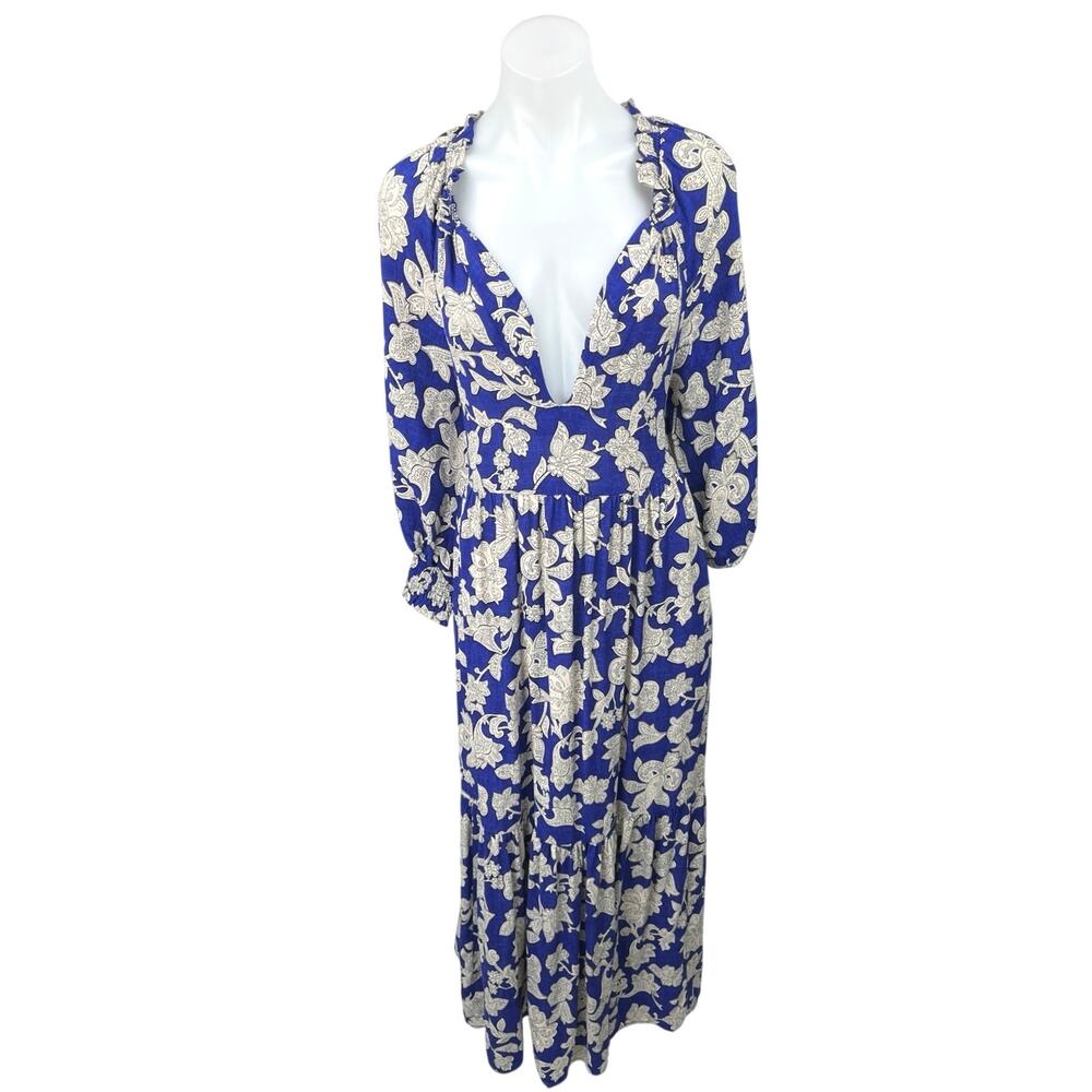 Zara Blue White Floral Plunge V-Neck 3/4 Balloon Sleeve Midi Maxi A-line Dress M - Picture 7 of 11